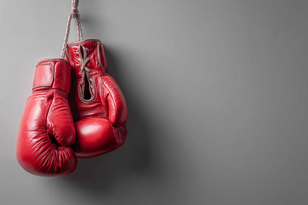 Bright red boxing gloves hanging on a gray wall in a gymの素材