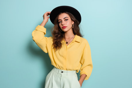 Stylish young woman poses against a blue background wearing a hatの素材