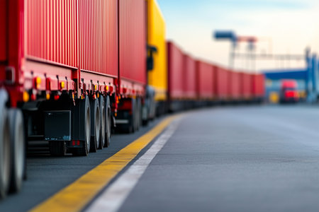 Long line of trucks parked at a shipping yard during sunsetの素材