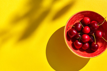 Cherries in a red bowl on a bright yellow backgroundの素材