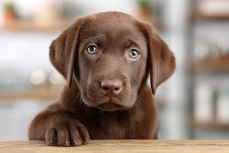 Cute brown puppy looking directly at the camera in a cozy settingの素材