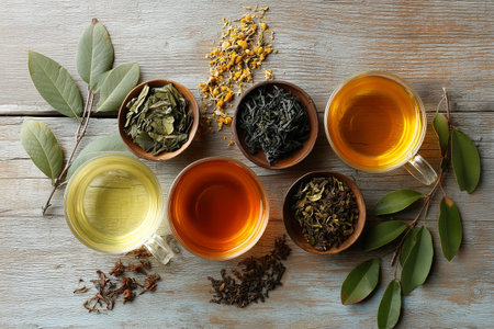 Different types of herbal teas arranged on a rustic wooden tableの素材