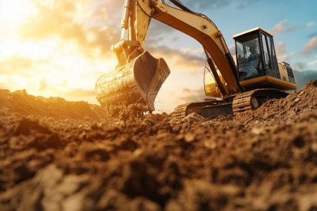 Excavator digging soil during sunset at a construction siteの素材