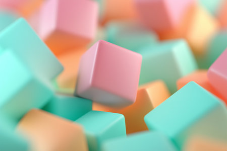 Colorful candy cubes scattered on a pastel backgroundの素材