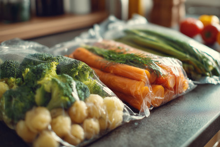 Fresh vegetables arranged neatly on a kitchen countertopの素材