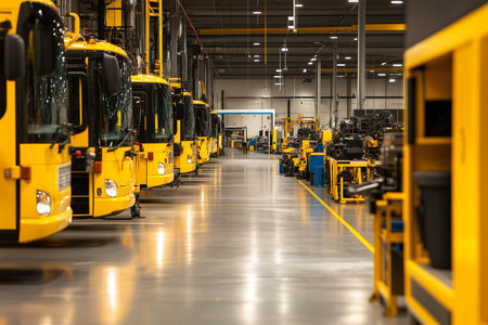 Industrial assembly line with yellow buses in a factory settingの素材