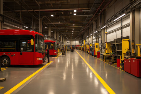 Busy bus maintenance facility with multiple red buses parked insideの素材