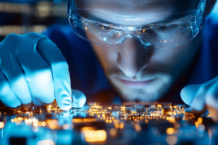 Technician inspects circuit board in a high-tech lab at nightの素材