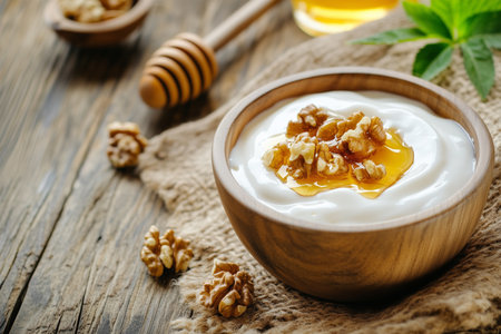 Delicious bowl of yogurt with honey and walnuts on wooden tableの素材