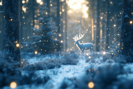 Majestic deer in a winter forest at dawn with falling snowflakesの素材