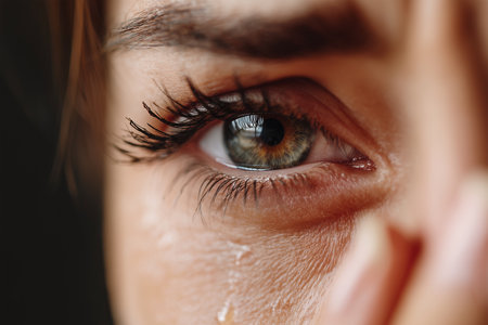 Close-up of a woman's emotional eye with tears in a soft lightの素材