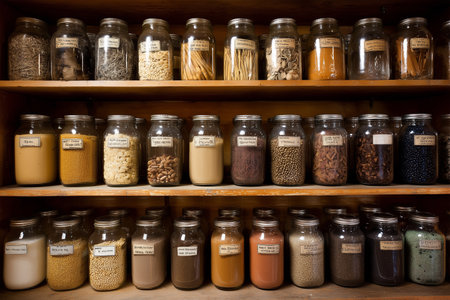 Collections of jars filled with spices and grains on wooden shelvesの素材