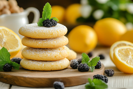 Lemon cookies stacked on a wooden board with fresh ingredientsの素材