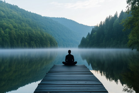 Meditation by the calm lake in a serene mountain settingの素材