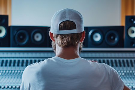 Music producer working in a studio with speakers in the backgroundの素材