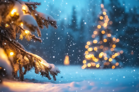Snowy winter landscape with glowing Christmas trees at duskの素材