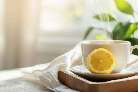 Warm cup of tea with lemon on a wooden tray by the windowの素材