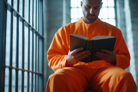 Man reads book while sitting in prison cell during morning hoursの素材