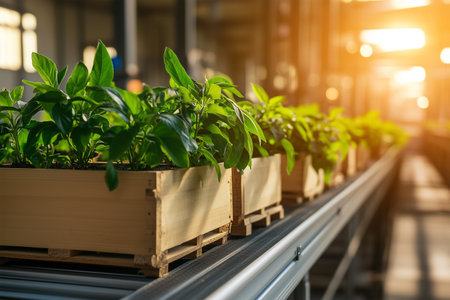 Green plants growing in wooden boxes on a production lineの素材