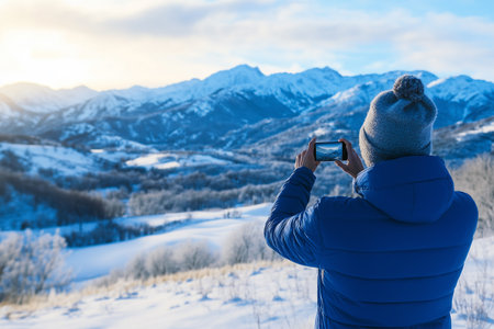 Capturing winter magic in the snowy mountains at sunriseの素材