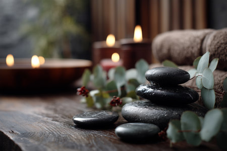 Tranquil spa setting with smooth stones and soft lightingの素材