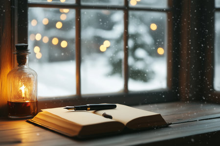 Cozy winter evening with warm light, a book, and snow outsideの素材