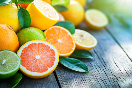 Juicy citrus fruits resting on a rustic wooden table in sunlightの素材