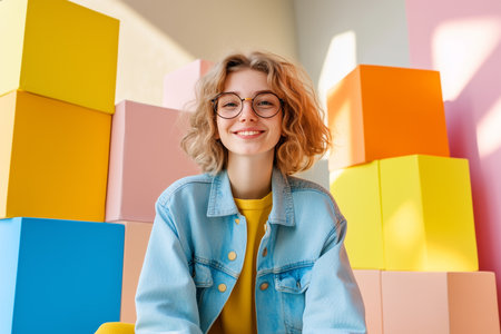 Smiling girl with curly hair in a vibrant abstract settingの素材