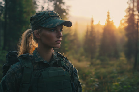 Courageous soldier stands in dawn's first light amidst the forestの素材