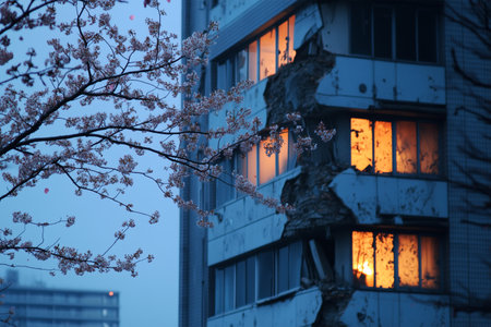 Beauty and destruction blend in twilight urban sceneの素材