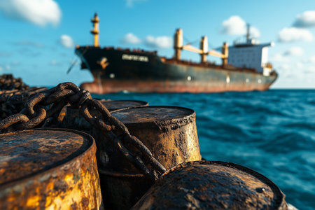 Rusty chains and a distant cargo ship by the shimmering seaの素材
