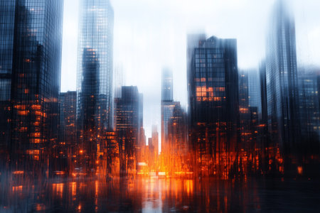 City skyline illuminated by sunset glow reflecting on waterの素材