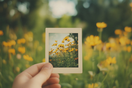 Hand holding a picture of wildflowers in a sunny meadowの素材