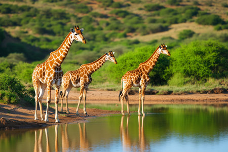 Giraffes gather by a tranquil waterhole at sunsetの素材