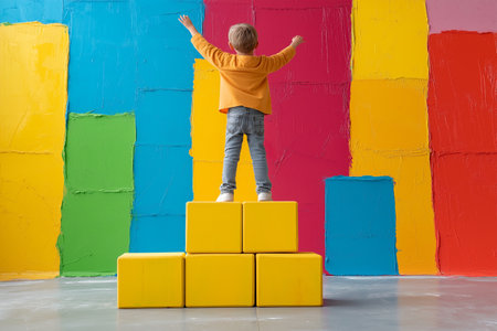 Child celebrates joyfully on colorful building blocksの素材
