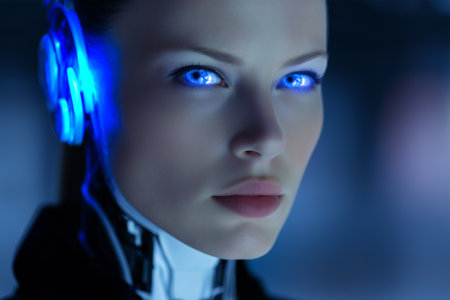 Futuristic woman with glowing blue eyes in a cybernetic worldの素材