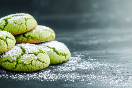 Delicious green cookies sprinkled with sweet powdered sugarの素材