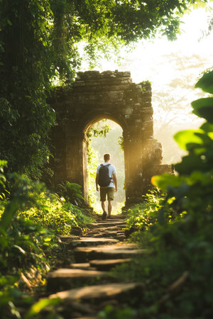 Exploring a hidden path through an ancient stone archwayの素材