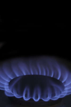 the flame of a gas-stove in the dark of a kitchen