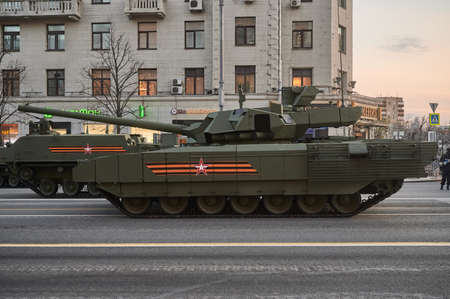 Russian Federation, Moscow, 2021.04.29. Victory Day parade rehearsal. Fighting vehicles stand on the...