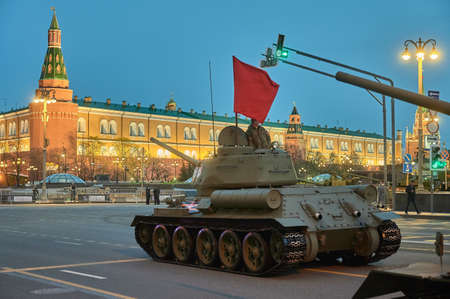 Russian Federation, Moscow, 2021.04.29. Victory Day parade rehearsal. Fighting vehicles stand on the street of the city.のeditorial素材