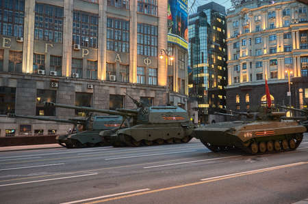 Russian Federation, Moscow, 2021.04.29. Victory Day parade rehearsal. Fighting vehicles stand on the street of the city.のeditorial素材