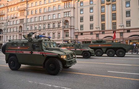 Russian Federation, Moscow, 2021.04.29. Victory Day parade rehearsal. Fighting vehicles stand on the street of the city.のeditorial素材