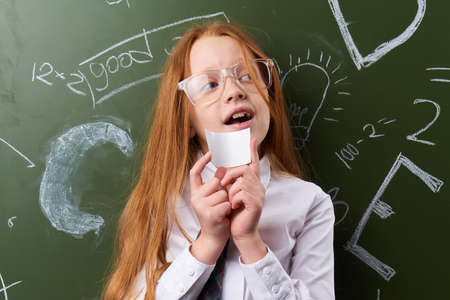 Schoolgirl with glasses with a piece of paper on the background of a school board.の写真素材