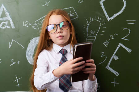 Schoolgirl with glasses is holding a notebook on the background of a school board.の写真素材