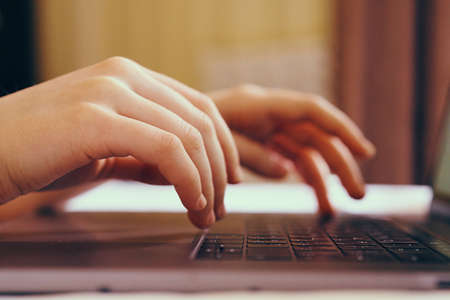 Hands, laptop, work behind laptop, type on keyboard,business.
