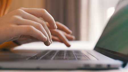Laptop, hands, woman prints on the keyboard, office, work at the computer.の写真素材