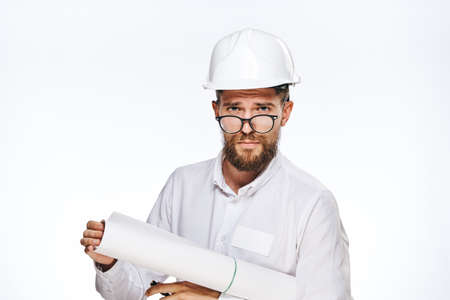 Engineer with beard on white isolated background, builder.の写真素材