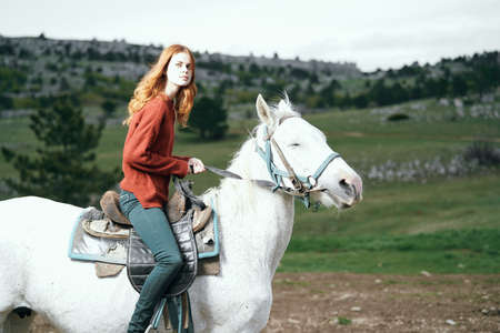 Beautiful young woman walking in the mountains with a horse.の写真素材