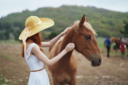 Beautiful young woman walking in the mountains with a horse.の写真素材